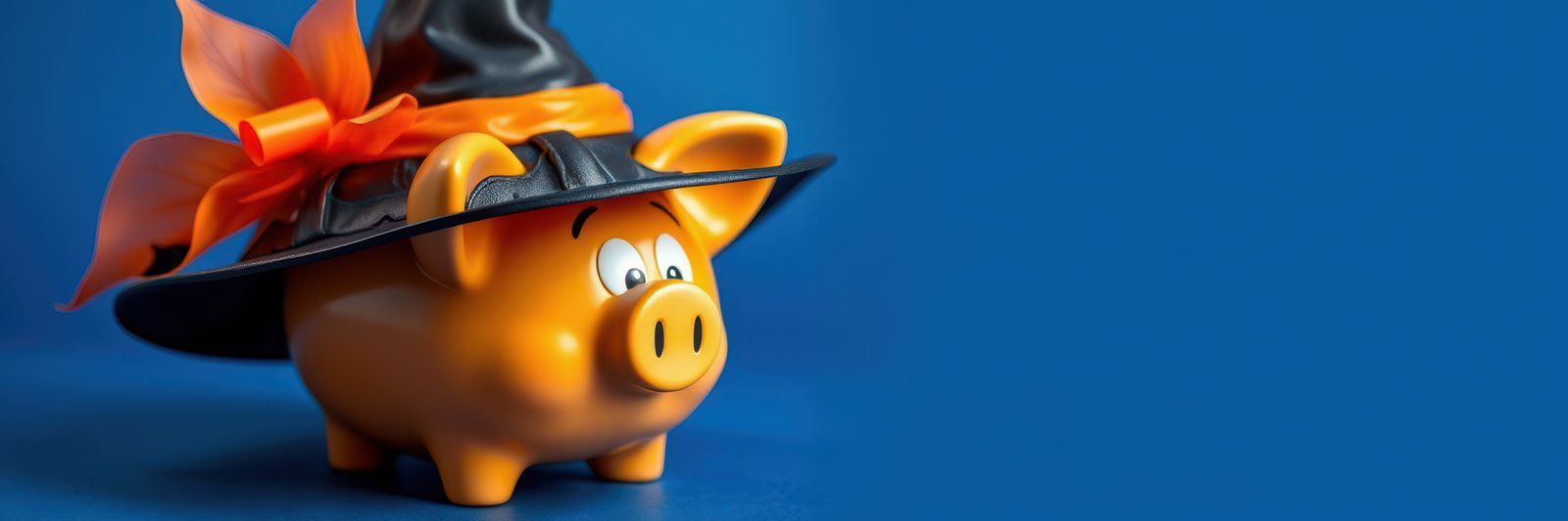 Decorative piggy bank wearing a witch hat with an orange ribbon for Halloween celebration